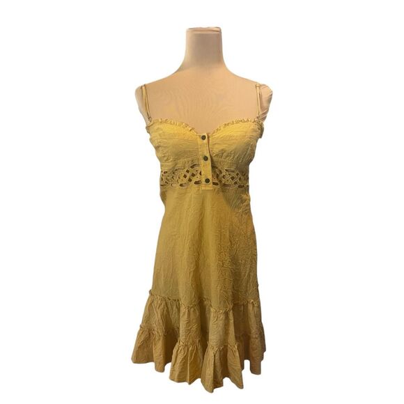 Nicole Miller Sundress Boho ruffled Yellow cutout lace summer Size 10 - Picture 1 of 6